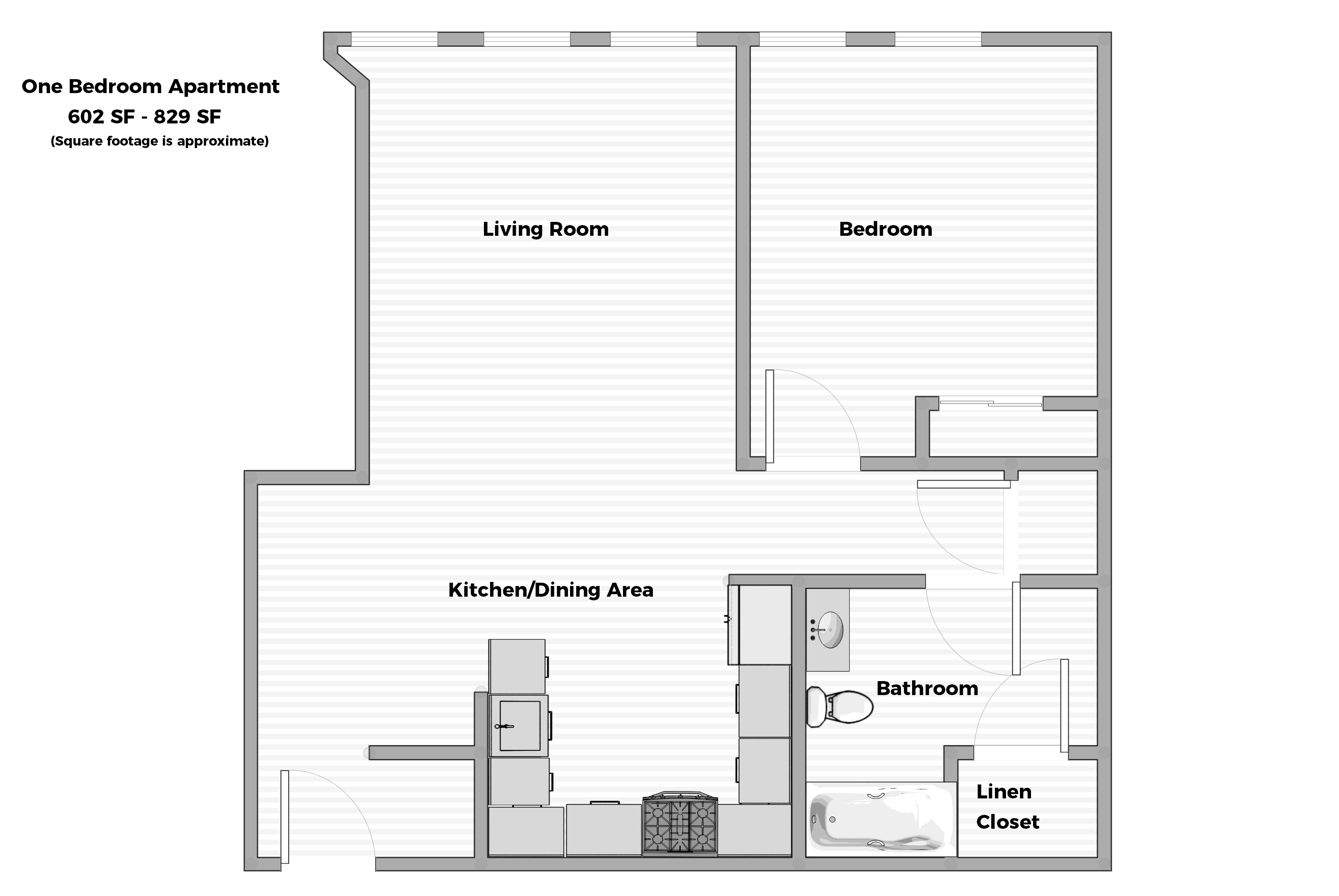 Floor plan for 1 bed, 1 bath, 829 sqft
